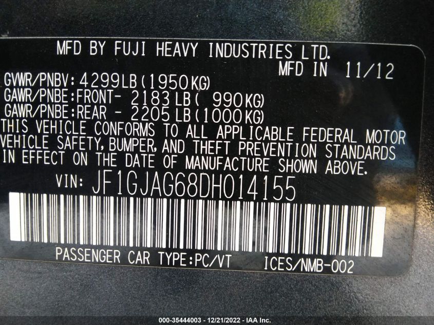 2013 SUBARU IMPREZA SEDAN LIMITED JF1GJAG68DH014155