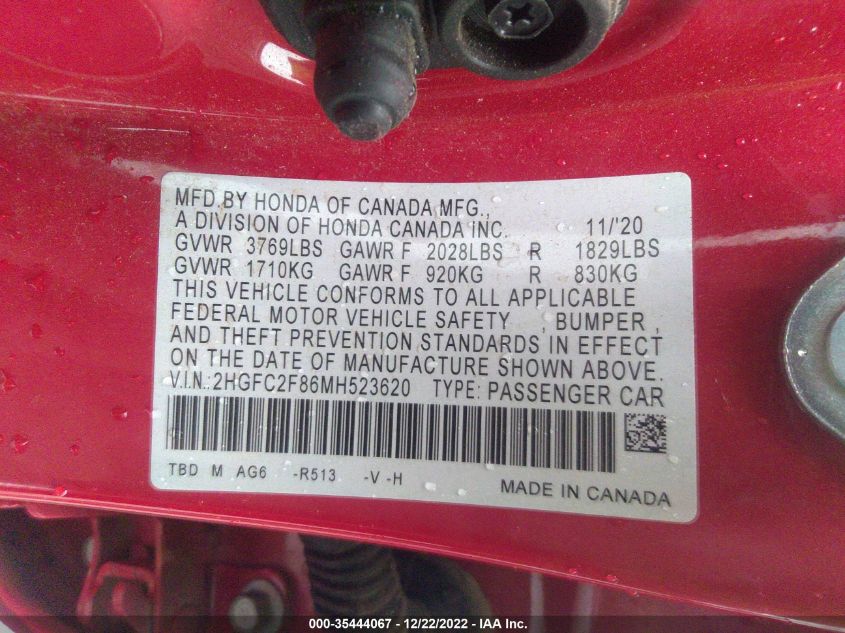 2021 HONDA CIVIC SEDAN SPORT 2HGFC2F86MH523620