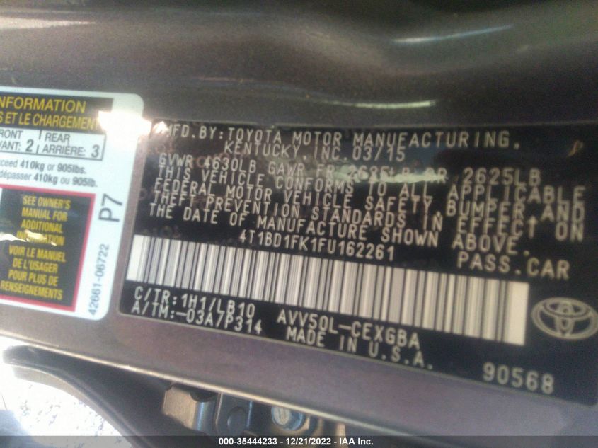 2015 TOYOTA CAMRY HYBRID LE/XLE/SE 4T1BD1FK1FU162261