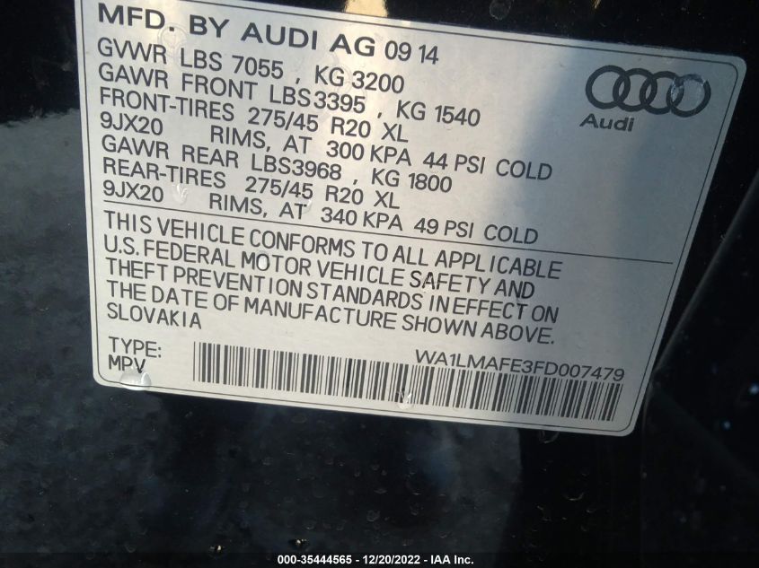 2015 AUDI Q7 3.0L TDI PREMIUM PLUS WA1LMAFE3FD007479