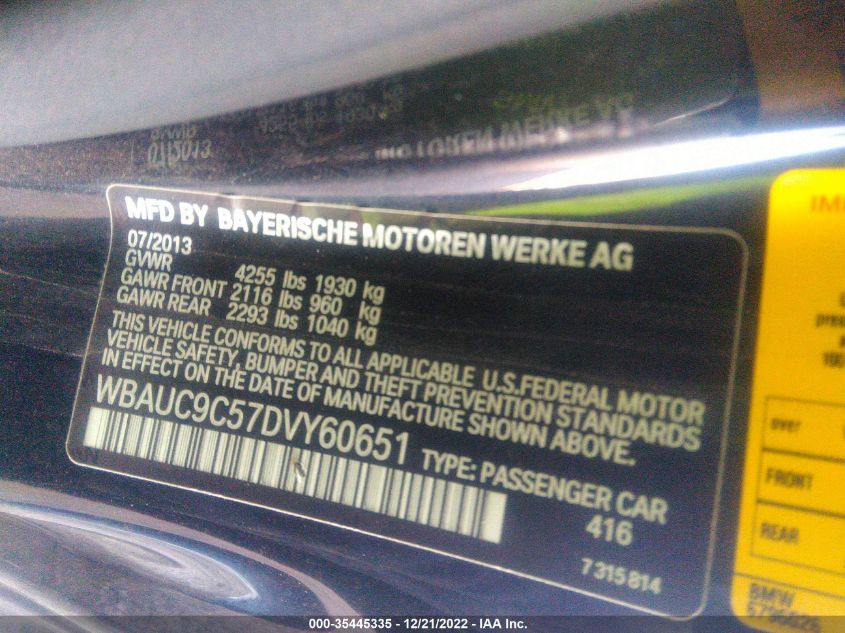 2013 BMW 1 SERIES 135I WBAUC9C57DVY60651