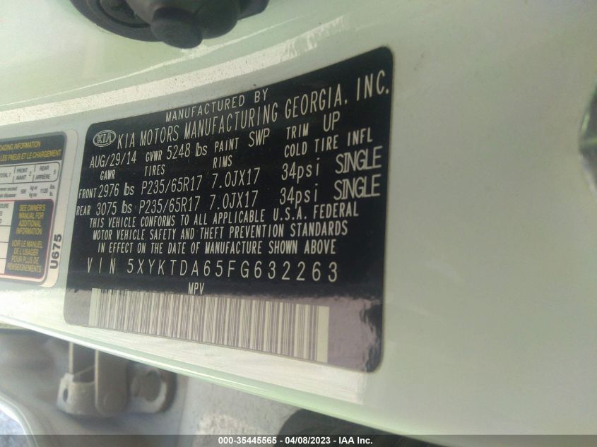 2015 KIA SORENTO LX 5XYKTDA65FG632263
