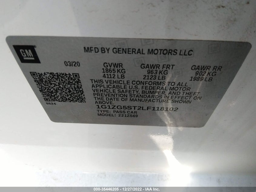 VIN 1G1ZG5ST2LF118102 2020 CHEVROLET MALIBU RS