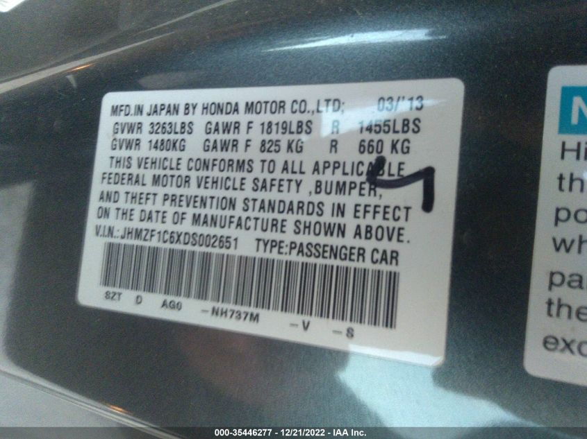 2013 HONDA CR-Z EX JHMZF1C6XDS002651