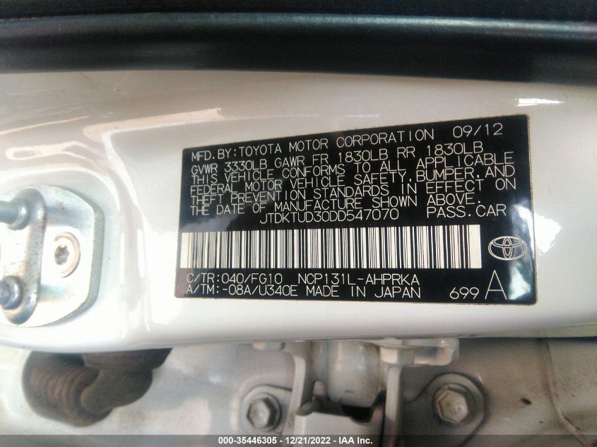 2013 TOYOTA YARIS LE JTDKTUD30DD547070