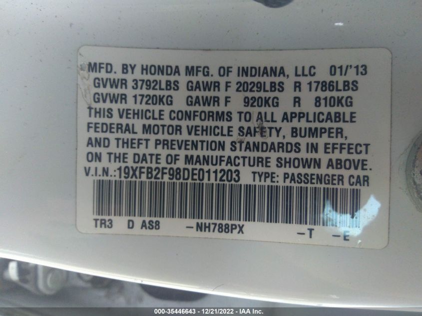 2013 HONDA CIVIC SDN EX-L 19XFB2F98DE011203