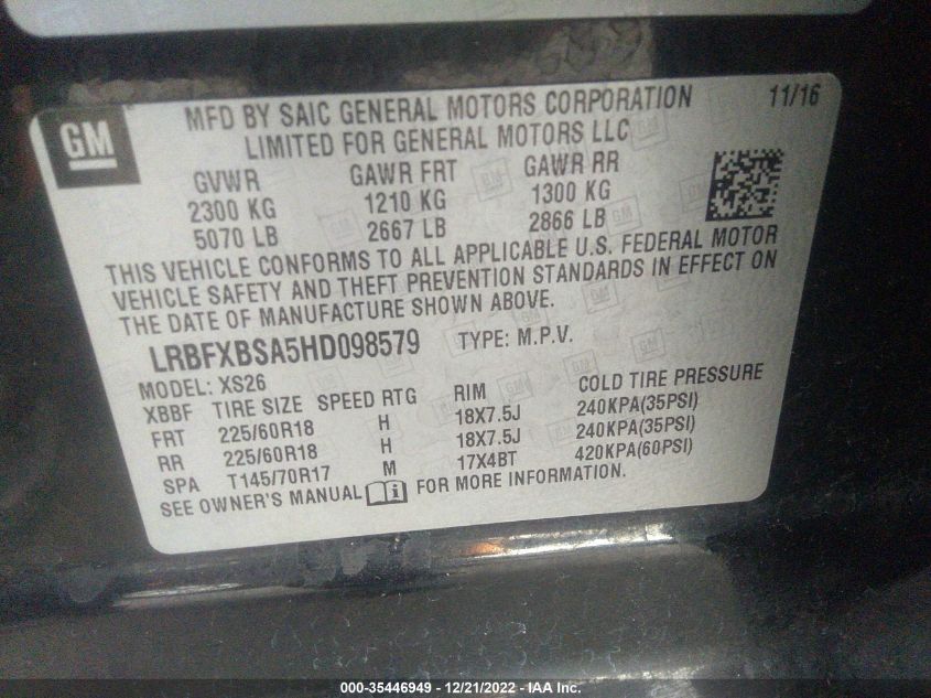 2017 BUICK ENVISION ESSENCE LRBFXBSA5HD098579