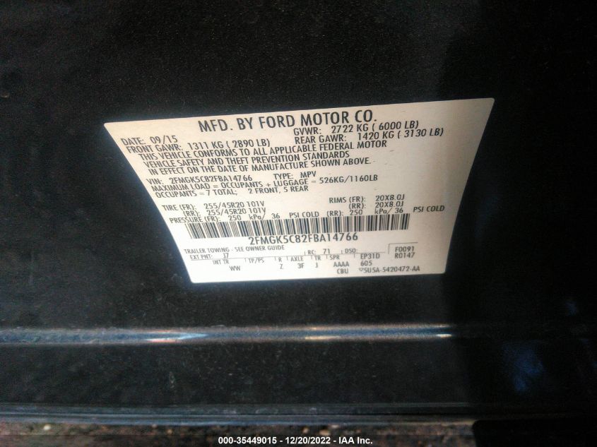 2015 FORD FLEX SEL 2FMGK5C82FBA14766