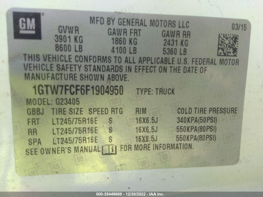 2015 GMC SAVANA CARGO VAN - 1GTW7FCF6F1904950