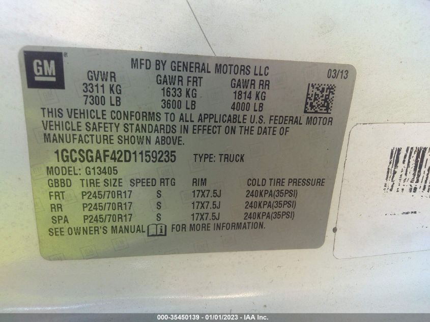 2013 CHEVROLET EXPRESS CARGO VAN 1GCSGAF42D1159235