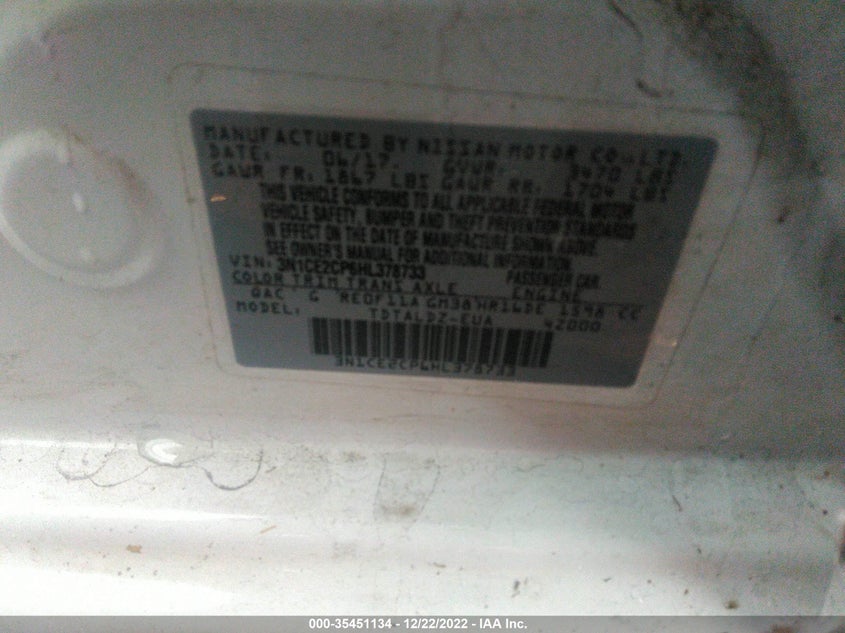 VIN 3N1CE2CP6HL378733 2017 NISSAN VERSA NOTE SV