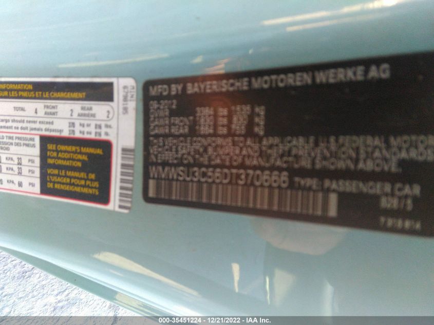 2013 MINI COOPER HARDTOP WMWSU3C56DT370666