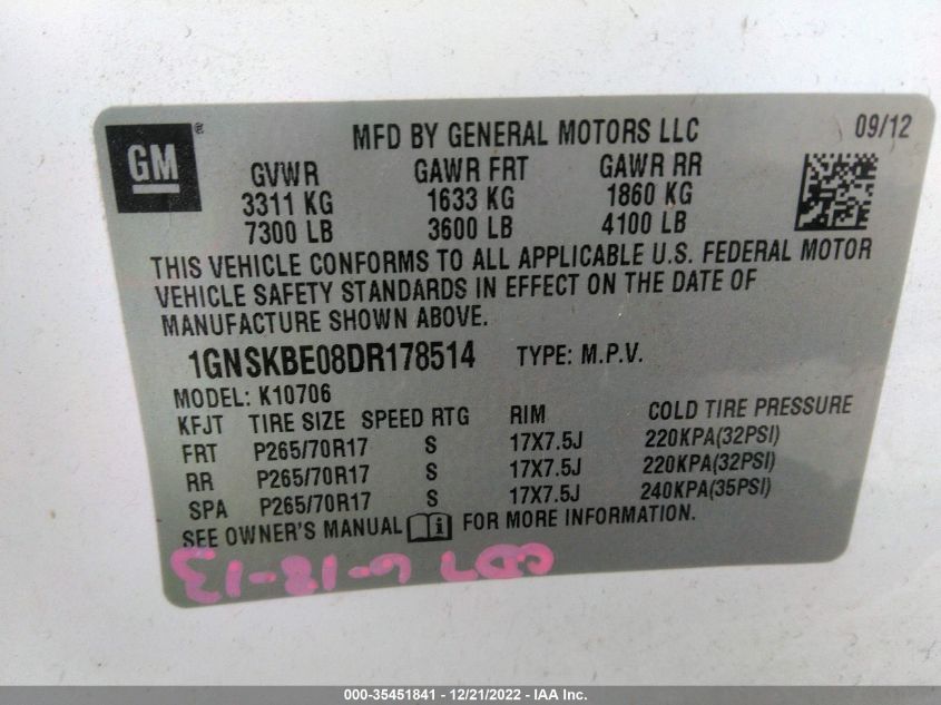 2013 CHEVROLET TAHOE LT 1GNSKBE08DR178514