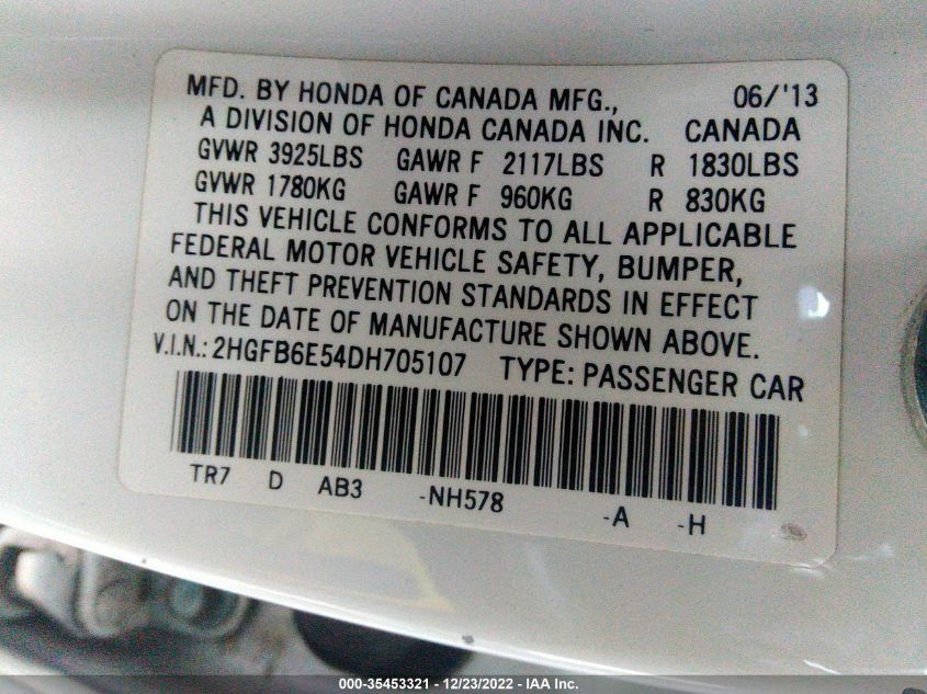 2013 HONDA CIVIC SDN SI 2HGFB6E54DH705107