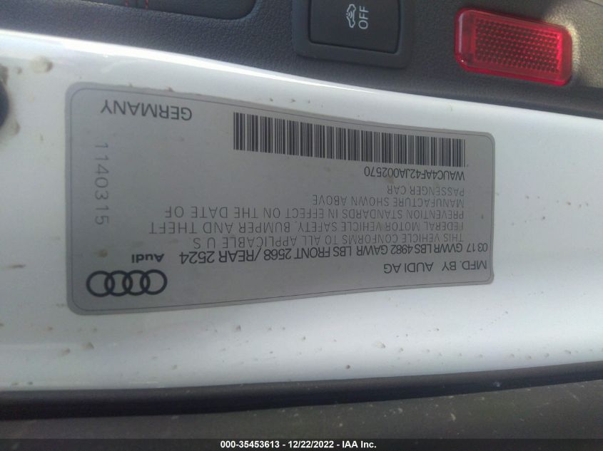 2018 AUDI S4 PRESTIGE WAUC4AF42JA002570
