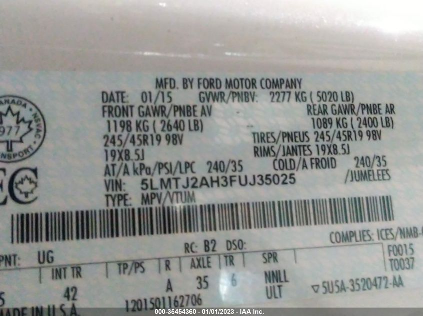 2015 LINCOLN MKC 5LMTJ2AH3FUJ35025
