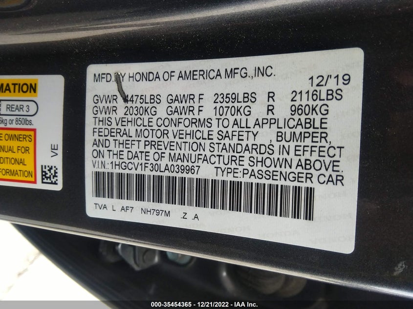 VIN 1HGCV1F30LA039967 2020 HONDA ACCORD SEDAN SPORT