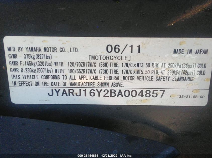 2011 YAMAHA YZFR6 C JYARJ16Y2BA004857
