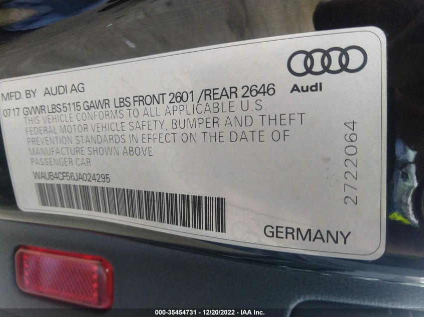 2018 AUDI S5 SPORTBACK PREMIUM PLUS WAUB4CF56JA024295