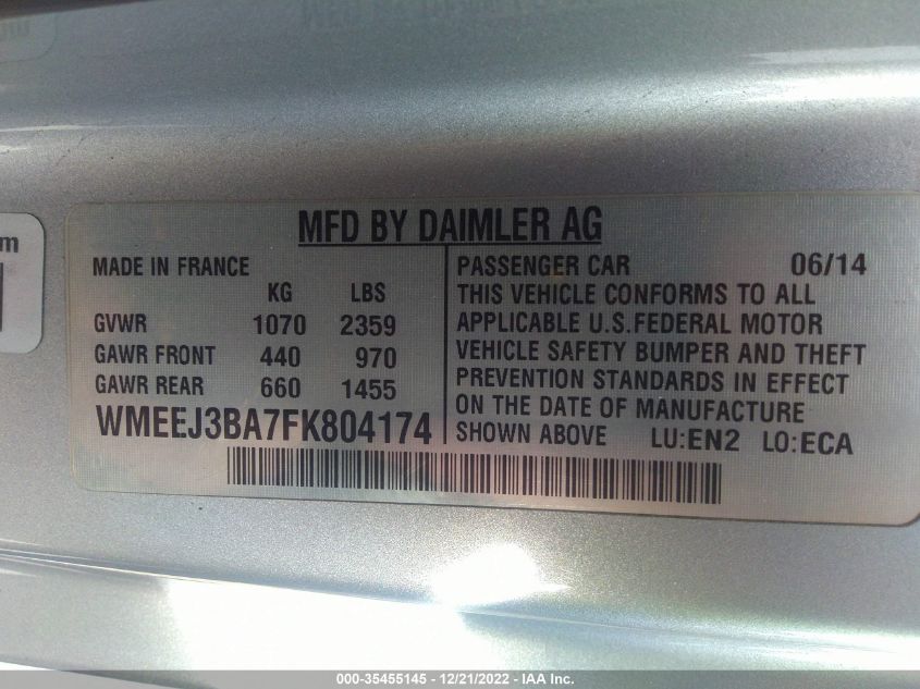 2015 SMART FORTWO PASSION/PURE WMEEJ3BA7FK804174
