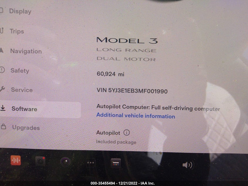 VIN 5YJ3E1EB3MF001990 2021 TESLA MODEL 3 LONG RANGE