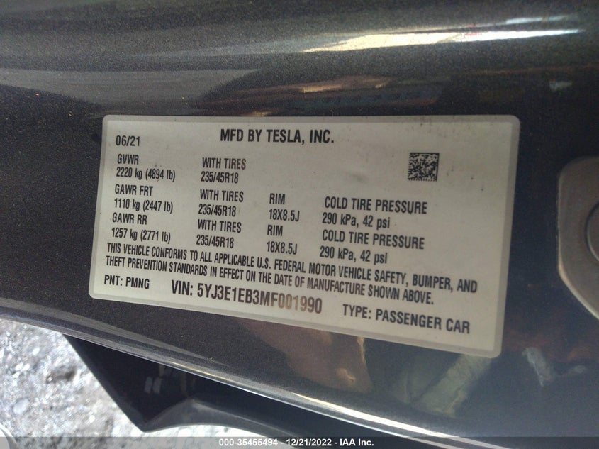 VIN 5YJ3E1EB3MF001990 2021 TESLA MODEL 3 LONG RANGE