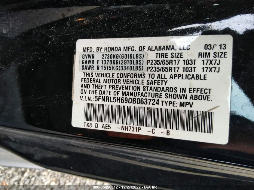 VIN 5FNRL5H69DB063724 2013 HONDA ODYSSEY no.9