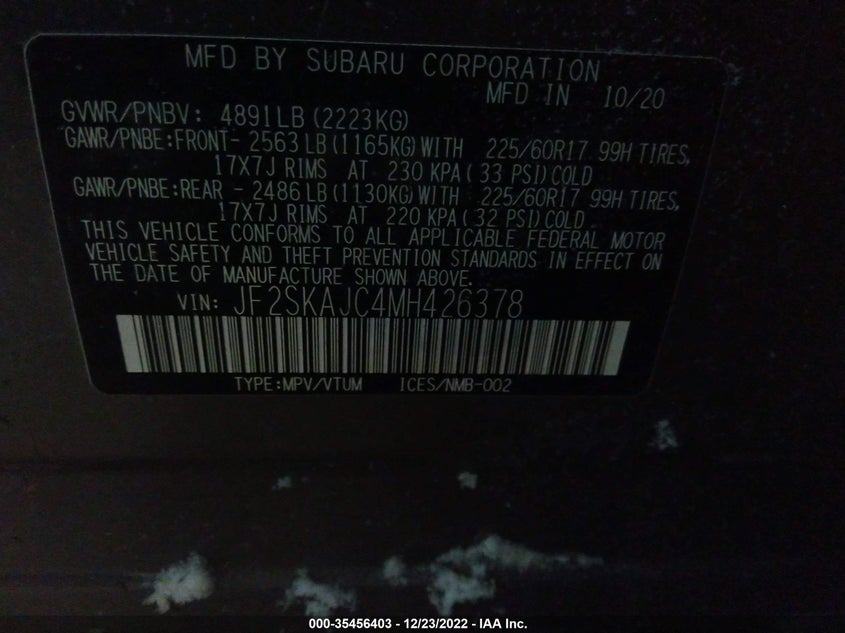 VIN JF2SKAJC4MH426378 2021 SUBARU FORESTER PREMIUM