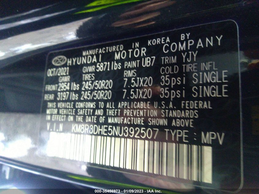 VIN KM8R3DHE5NU392507 2022 HYUNDAI PALISADE no.9