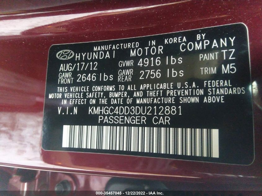 2013 HYUNDAI GENESIS 3.8L KMHGC4DD3DU212881