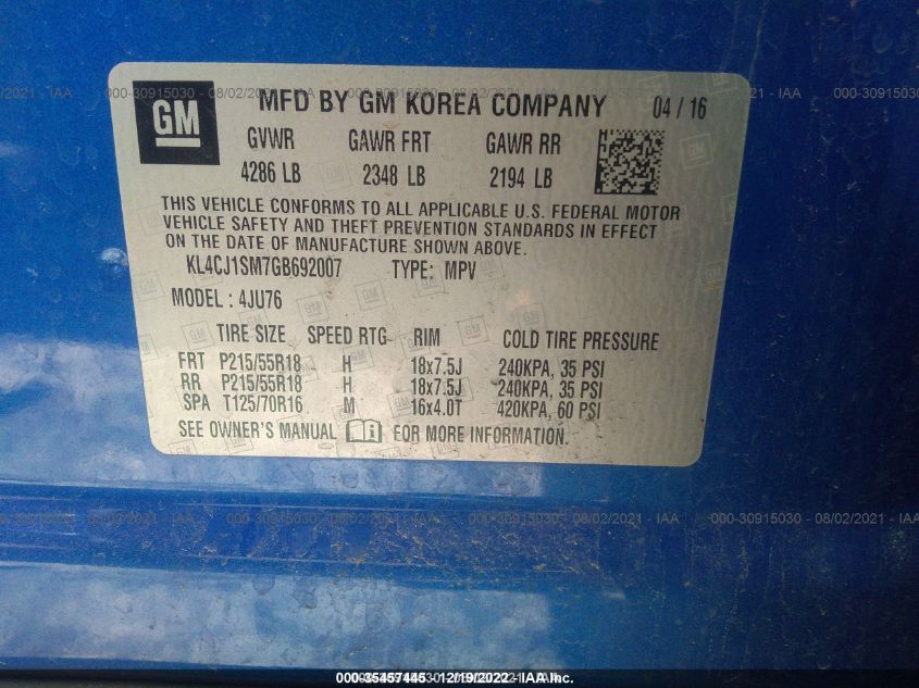 2016 BUICK ENCORE SPORT TOURING KL4CJ1SM7GB692007