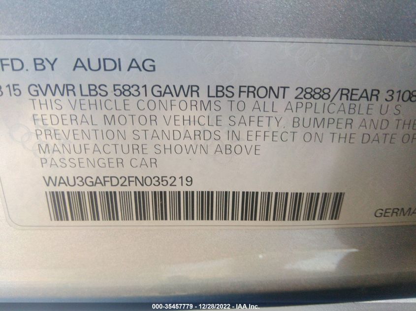 2015 AUDI A8 L 3.0T WAU3GAFD2FN035219