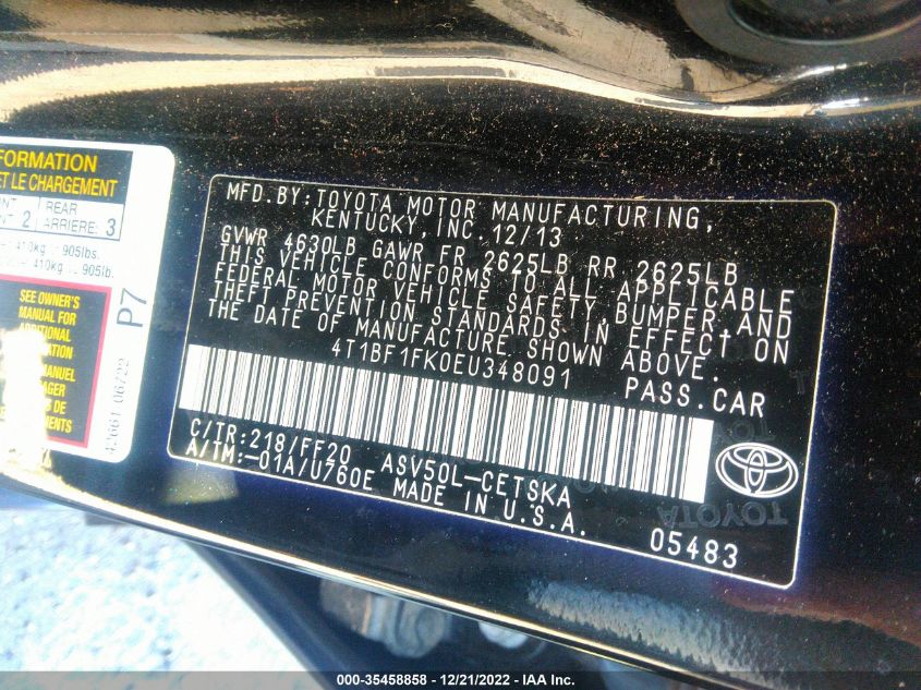 2014 TOYOTA CAMRY L/LE/XLE/SE/SE SPORT - 4T1BF1FK0EU348091