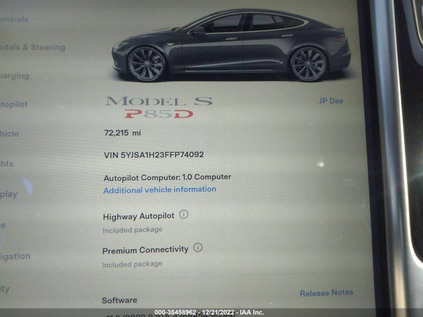 2015 TESLA MODEL S 85D/P85D/70D/90D/P90D - 5YJSA1H23FFP74092