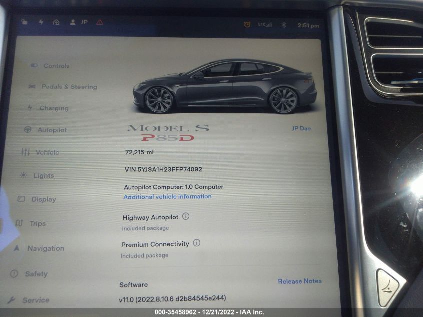 2015 TESLA MODEL S 85D/P85D/70D/90D/P90D - 5YJSA1H23FFP74092