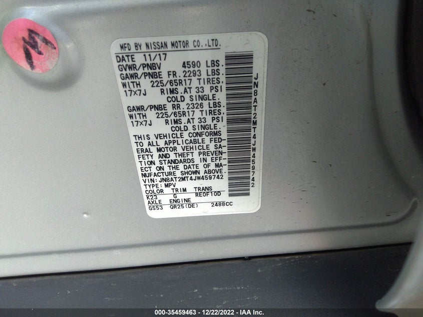 VIN JN8AT2MT4JW459742 2018 NISSAN ROGUE SV