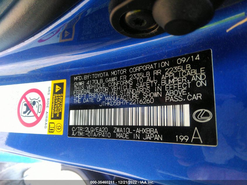 2015 LEXUS CT 200H HYBRID JTHKD5BH7F2216260