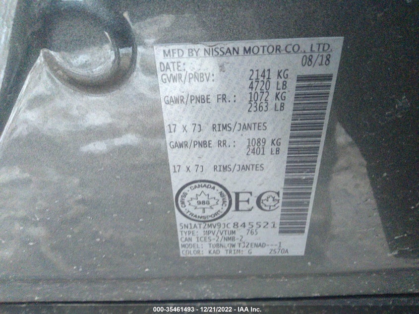 VIN 5N1AT2MV9JC845521 2018 NISSAN ROGUE S/SV/SL