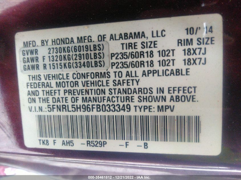 2015 HONDA ODYSSEY TOURING - 5FNRL5H96FB033349