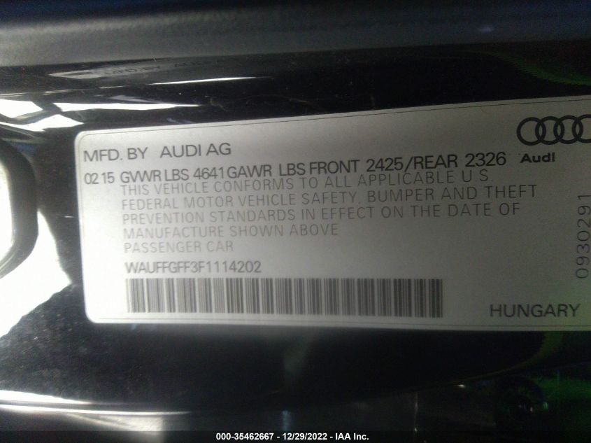 2015 AUDI S3 2.0T PRESTIGE WAUFFGFF3F1114202