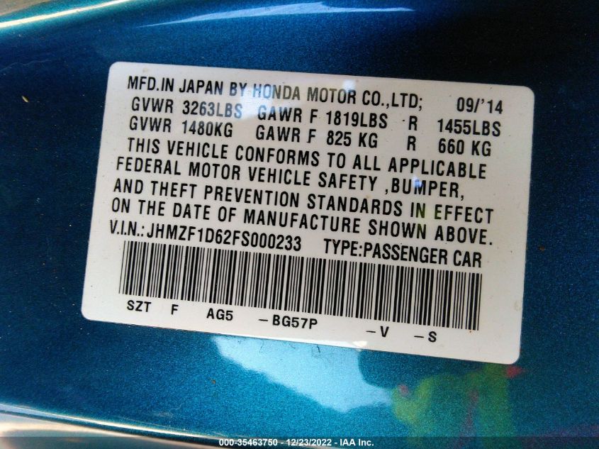 2015 HONDA CR-Z EX JHMZF1D62FS000233