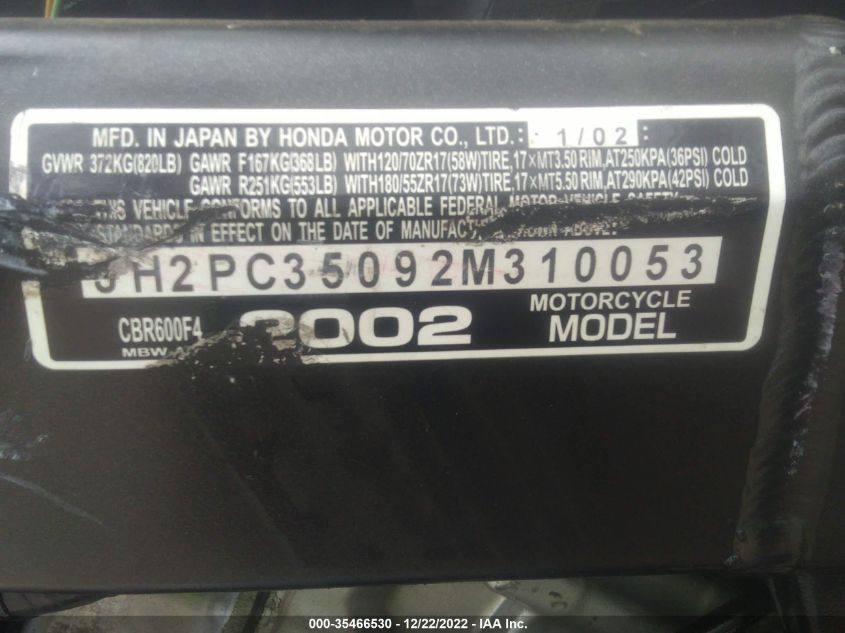 2002 HONDA CBR600 F4 JH2PC35092M310053