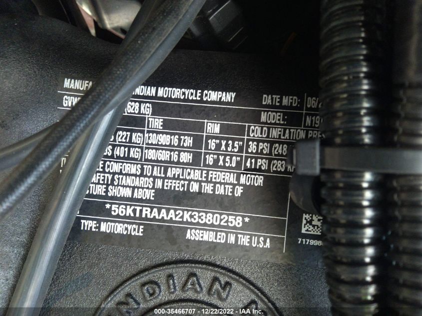 2019 INDIAN MOTORCYCLE CO. ROADMASTER 56KTRAAA2K3380258