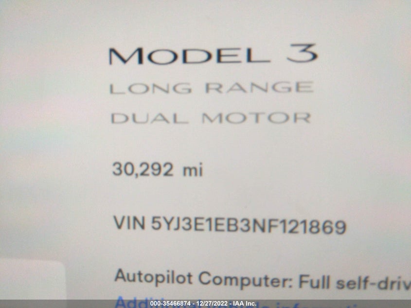 VIN 5YJ3E1EB3NF121869 2022 TESLA MODEL 3 LONG RANGE
