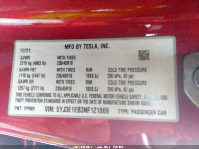 VIN 5YJ3E1EB3NF121869 2022 TESLA MODEL 3 LONG RANGE