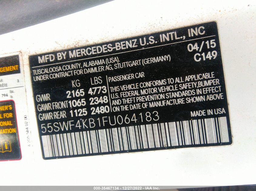 2015 MERCEDES-BENZ C-CLASS C 300 55SWF4KB1FU064183