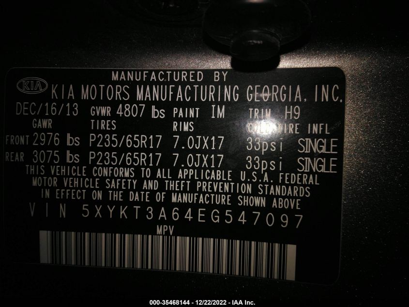 2014 KIA SORENTO LX - 5XYKT3A64EG547097