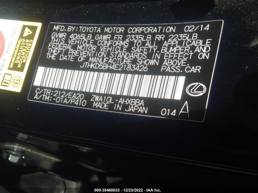 2014 LEXUS CT 200H HYBRID - JTHKD5BH4E2183426