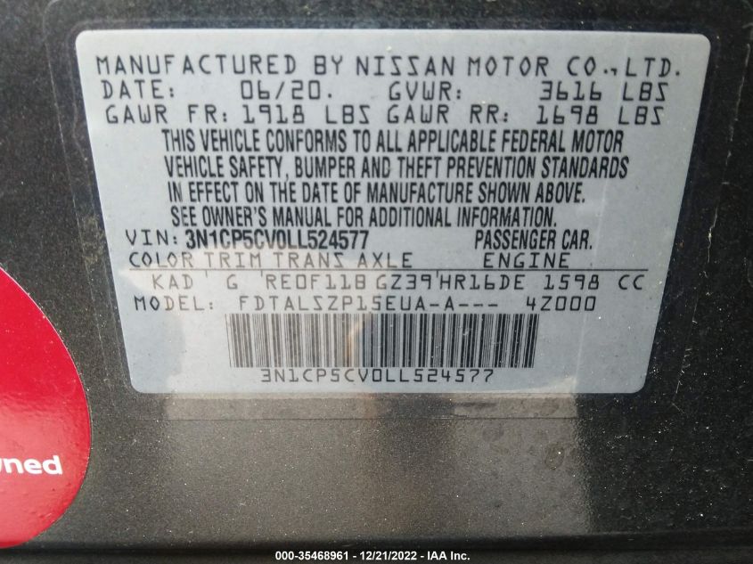 2020 NISSAN KICKS SV - 3N1CP5CV0LL524577