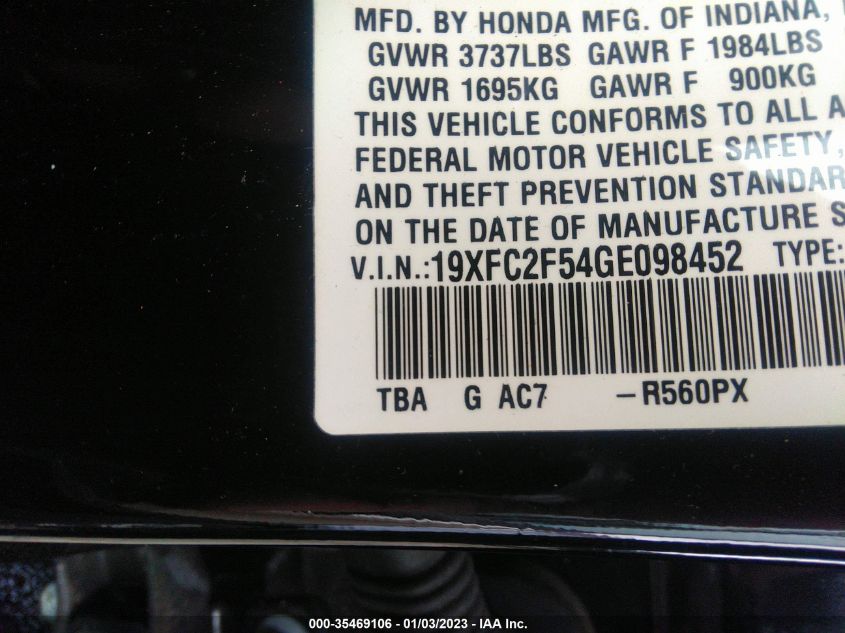 VIN 19XFC2F54GE098452 2016 HONDA CIVIC SEDAN no.9